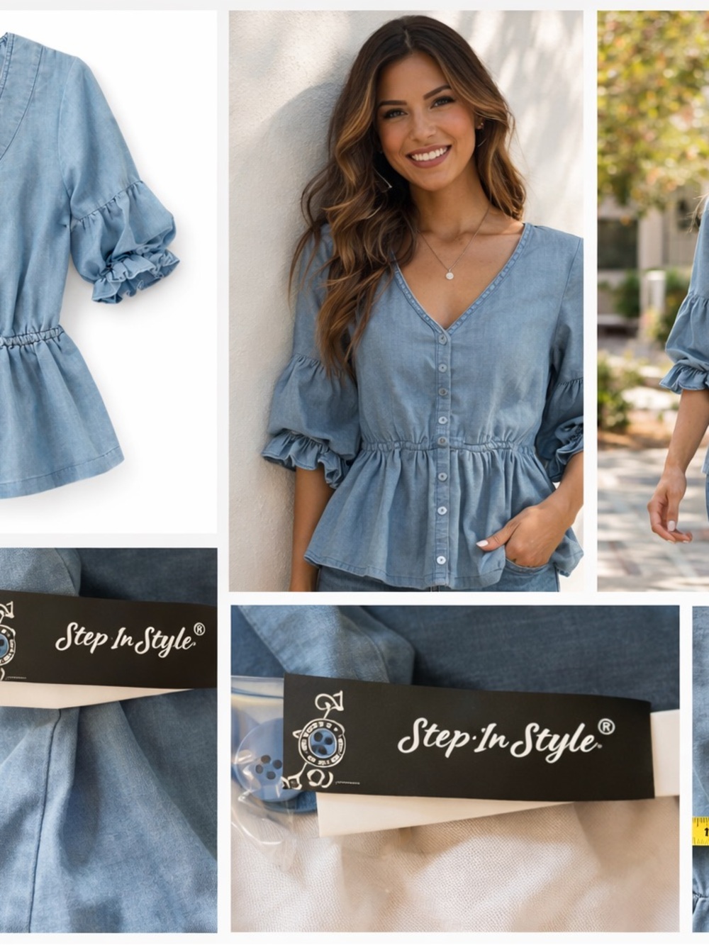 Blue Peplum Blouse Womens Small V Neck Button Front Ruffle Sleeve Top - Picture 2 of 10
